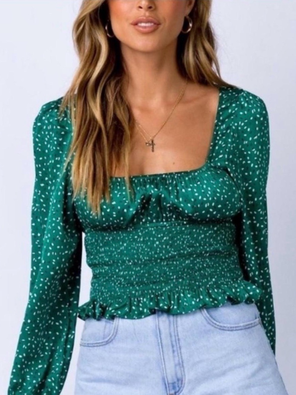 Princess Polly Melvin Emerald Green Smocked Square-Neck Blouse